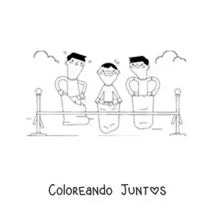 Imagen para colorear de niños llegando a la meta en una carrera de sacos