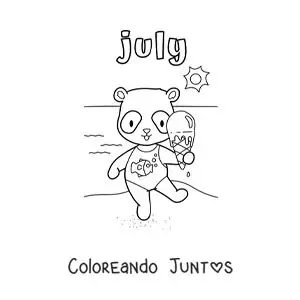 July con un panda animado en la playa en verano