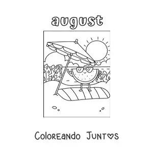 Imagen para colorear de august con una sandía animada de vacaciones