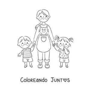Imagen para colorear de una maestra de la mano de dos alumnos de kinder