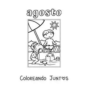 Imagen para colorear de agosto con niños de vacaciones en la playa