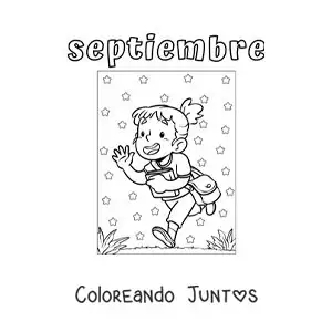 Imagen para colorear de septiembre con una niña de camino a la escuela