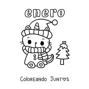 Imagen para colorear de enero con un gatito abrigado y un pino nevado