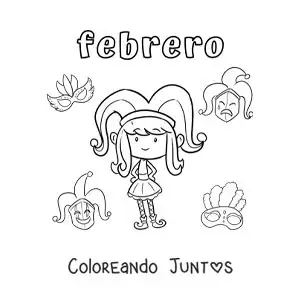 Imagen para colorear de febrero con una niña en el carnaval