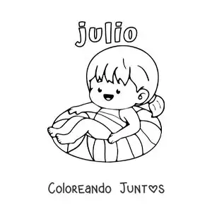 Imagen para colorear de julio con una niña en la piscina