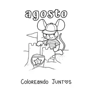 Imagen para colorear de agosto con un ratón animado construyendo un castillo de arena