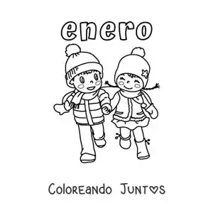 Imagen para colorear de enero con dos niños con ropa de invierno