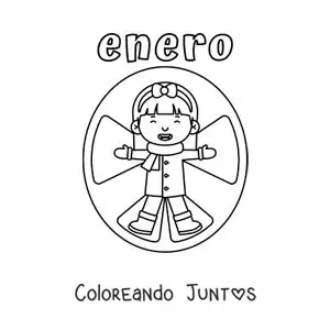 Imagen para colorear de enero con una niña haciendo un ángel de nieve