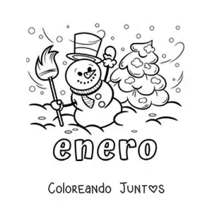 Imagen para colorear de enero con un hombre de nieve animado y un pino