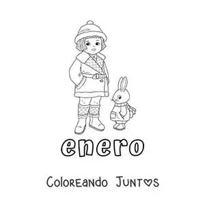 Imagen para colorear de enero con una niña con ropa de invierno