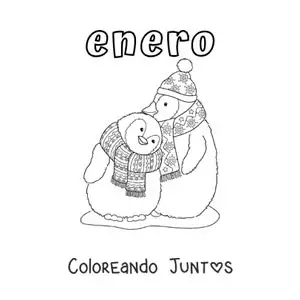 Imagen para colorear de enero con pingüinos con bufandas