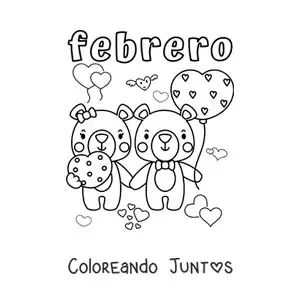 Imagen para colorear de febrero con dos osos de san valentín enamorados