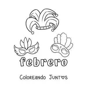 Imagen para colorear de febrero con máscaras de carnaval animadas