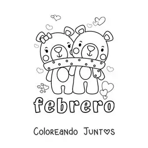 Imagen para colorear de febrero con una pareja de osos en el día de los enamorados
