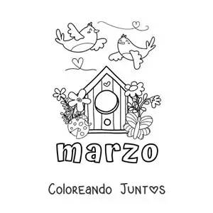Imagen para colorear de marzo con aves y flores
