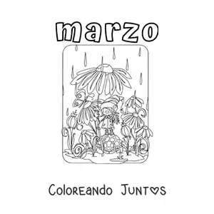 Imagen para colorear de marzo con flores bajo la lluvia
