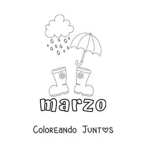 Imagen para colorear de marzo con un paraguas y unas botas de lluvia
