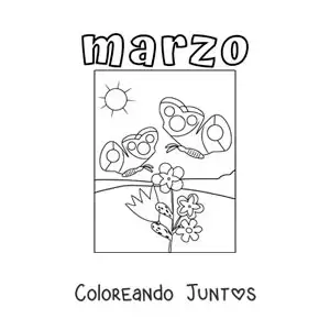 Imagen para colorear de marzo con flores de primavera y una mariposa
