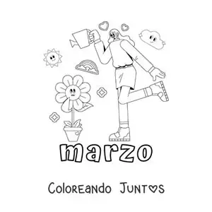 Imagen para colorear de marzo con una chica regando las flores