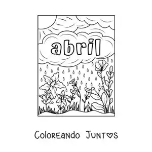 Imagen para colorear de abril con un paisaje con flores y lluvia