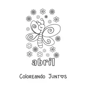 Imagen para colorear de abril con una mariposa animada con flores