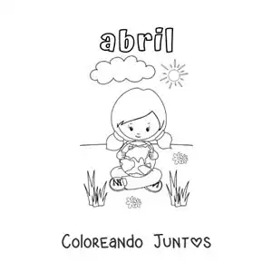 Imagen para colorear de abril con una niña abrazando la tierra