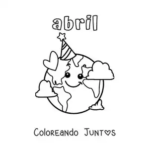 Imagen para colorear de abril con la tierra animada en su día con un gorro de cumpleaños