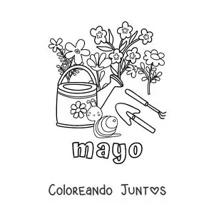 Imagen para colorear de mayo con flores junto a herramientas de jardinería y un caracol animado