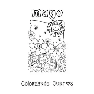 Imagen para colorear de mayo con flores animadas bajo el sol de primavera