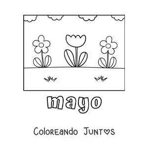 Imagen para colorear de mayo con flores sencillas en un jardín