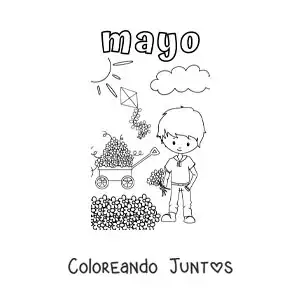Imagen para colorear de mayo con un niño recolectando flores en un día soleado