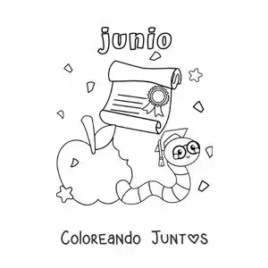 Imagen para colorear de junio con un gusano animado con birrete y diploma de graduación