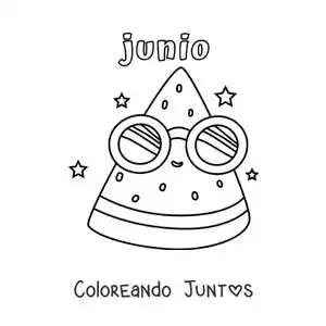 Imagen para colorear de junio con una sandía animada con lentes de sol en verano