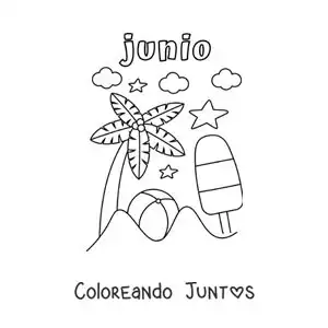Imagen para colorear de junio con un día de verano en una playa con una palmera y una pelota