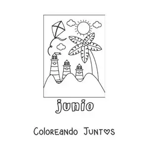 Imagen para colorear de junio con un día de verano en una playa con faros y una cometa