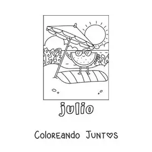 Imagen para colorear de julio con una sandía animada en la playa