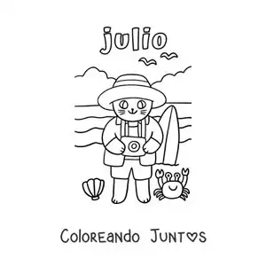 Imagen para colorear de julio con un gato turista animado en la playa