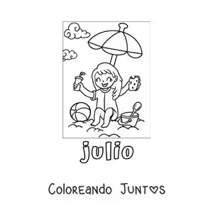Imagen para colorear de julio con una niña de vacaciones comiendo en la playa