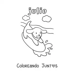 Imagen para colorear de julio con un perro animado surfeando