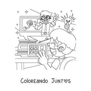 Imagen para colorear de un alumno viendo en la laptop al profesor dando clases