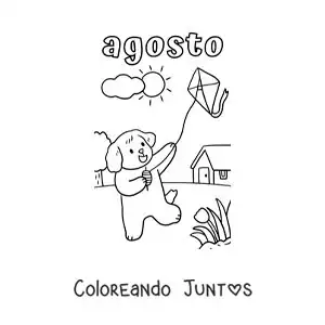 Imagen para colorear de agosto con un perro animado volando un cometa