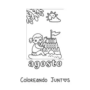 Imagen para colorear de agosto con una niña de vacaciones haciendo un castillo de arena