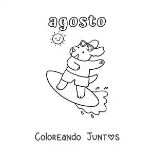 Imagen para colorear de agosto con un perro animado surfeando