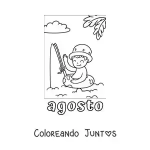 Imagen para colorear de agosto con un niño de vacaciones pescando en la playa