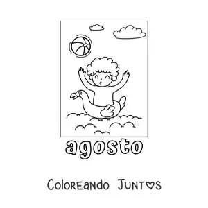 Imagen para colorear de agosto con un niño de vacaciones jugando en la piscina