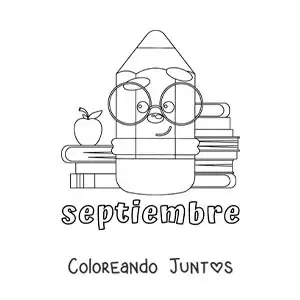 Imagen para colorear de septiembre con un lápiz animado con útiles escolares