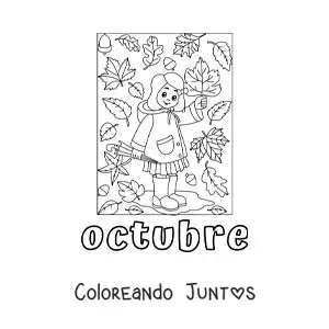Imagen para colorear de octubre con una niña con hojas de otoño