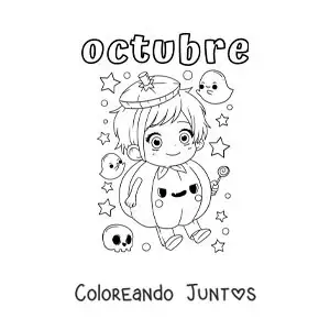 Imagen para colorear de octubre con un niño disfrazado de calabaza kawaii de halloween