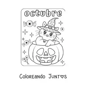 Imagen para colorear de octubre con un gato kawaii dentro de una calabaza de halloween