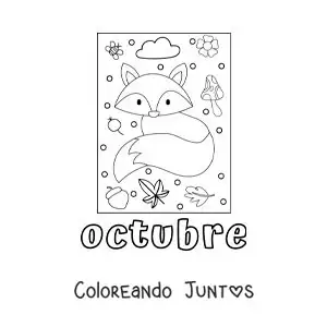 Imagen para colorear de octubre con un zorro con hojas de otoño